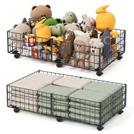 Under Bed Storage with Wheels, 2 Pack Living Room Bedroom Storage Organizers, Large Metal Under Bed Drawer Containers, Black