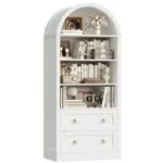 70"Tall Arched Bookshelf, 4-Tier Bookcase with 2 Large Drawers, Wooden Display Shelf with Storage for Living Room Home Office, White